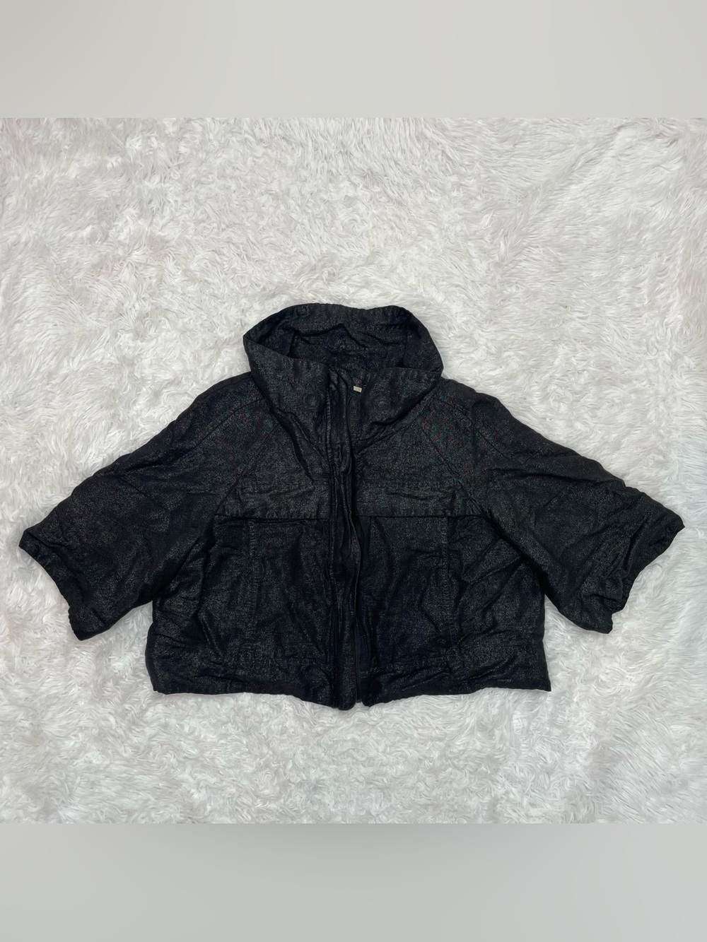 SANDRO 100% Linen Cropped Lagenlook Jacket Blazer Womens Size Large Black Lined